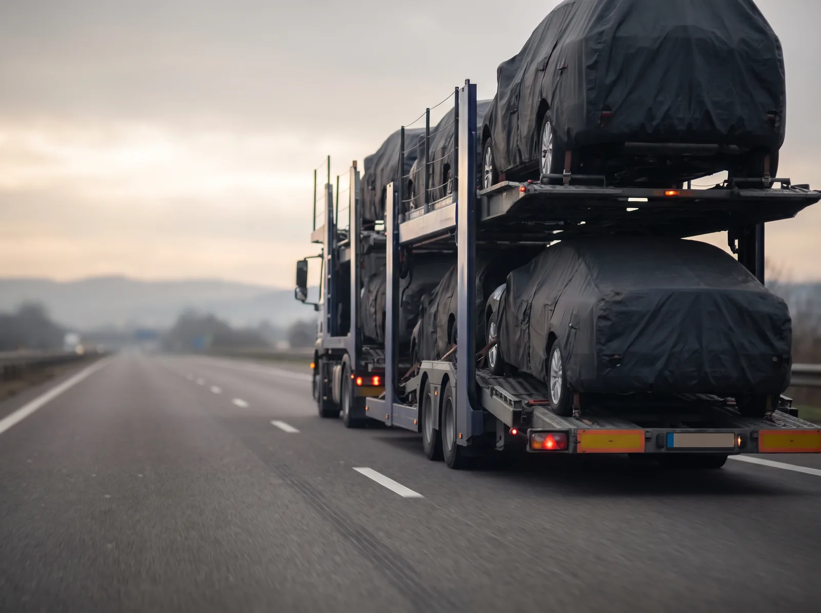 Beladener Autotransport-Anhänger auf der Autobahn von hinten