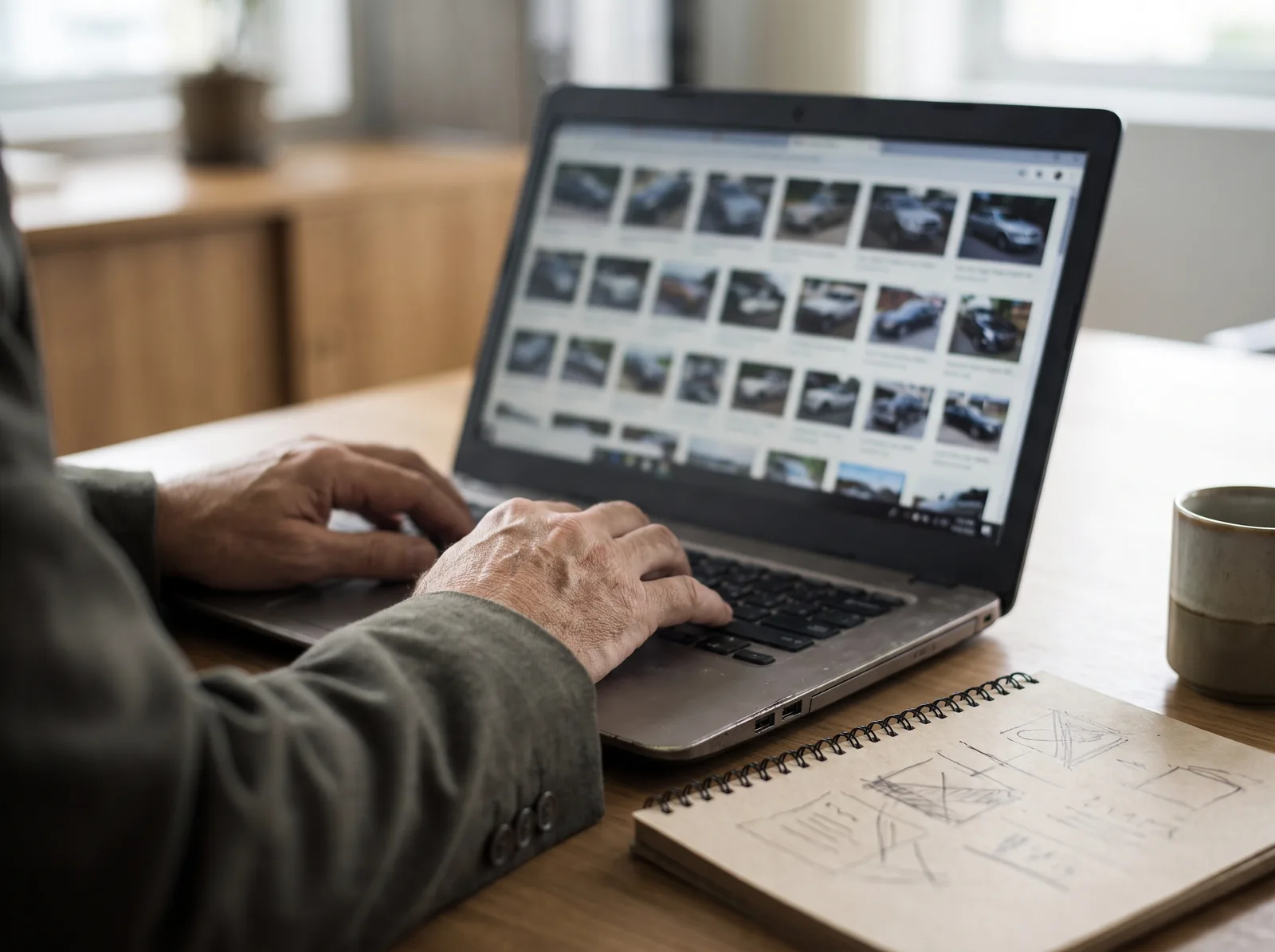 Fahrzeugsuche am Laptop mit Notizen zur Prüfung von Inseraten