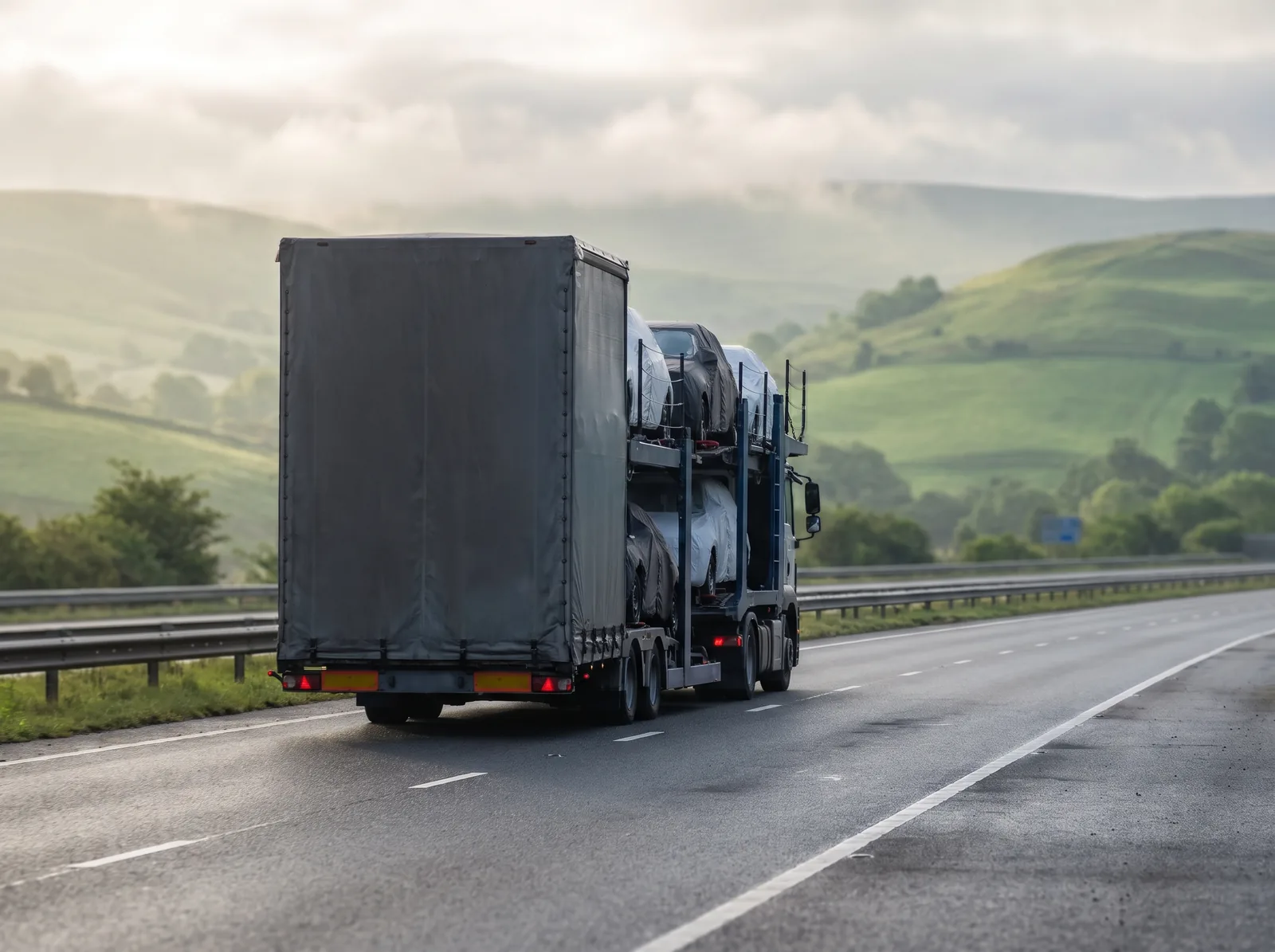 Geschlossener Autotransporter auf der Autobahn Richtung Schweiz