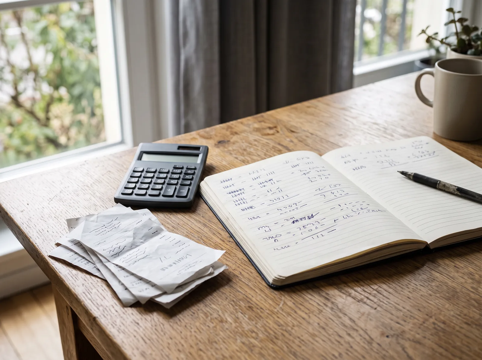 Taschenrechner, Belege und ein Notizbuch mit handschriftlichen Zahlen