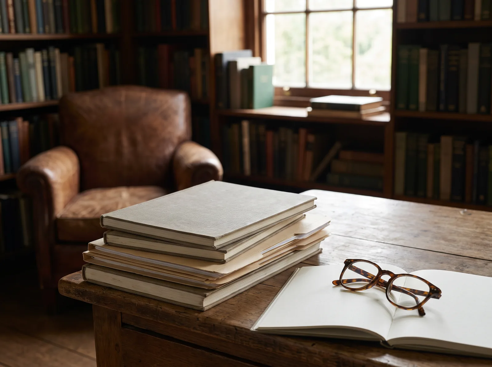 Stapel geschlossener Bücher und Mappen neben einer Lesebrille